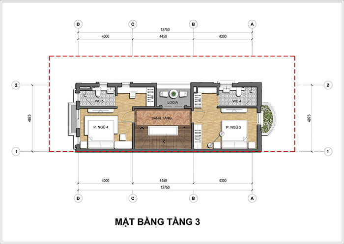 Mặt bằng tầng 3 được bố trí thiết kế giống mặt bằng tầng 2 - giúp tối ưu những khoảng không gian riêng tư cho các thành viên trong gia đình